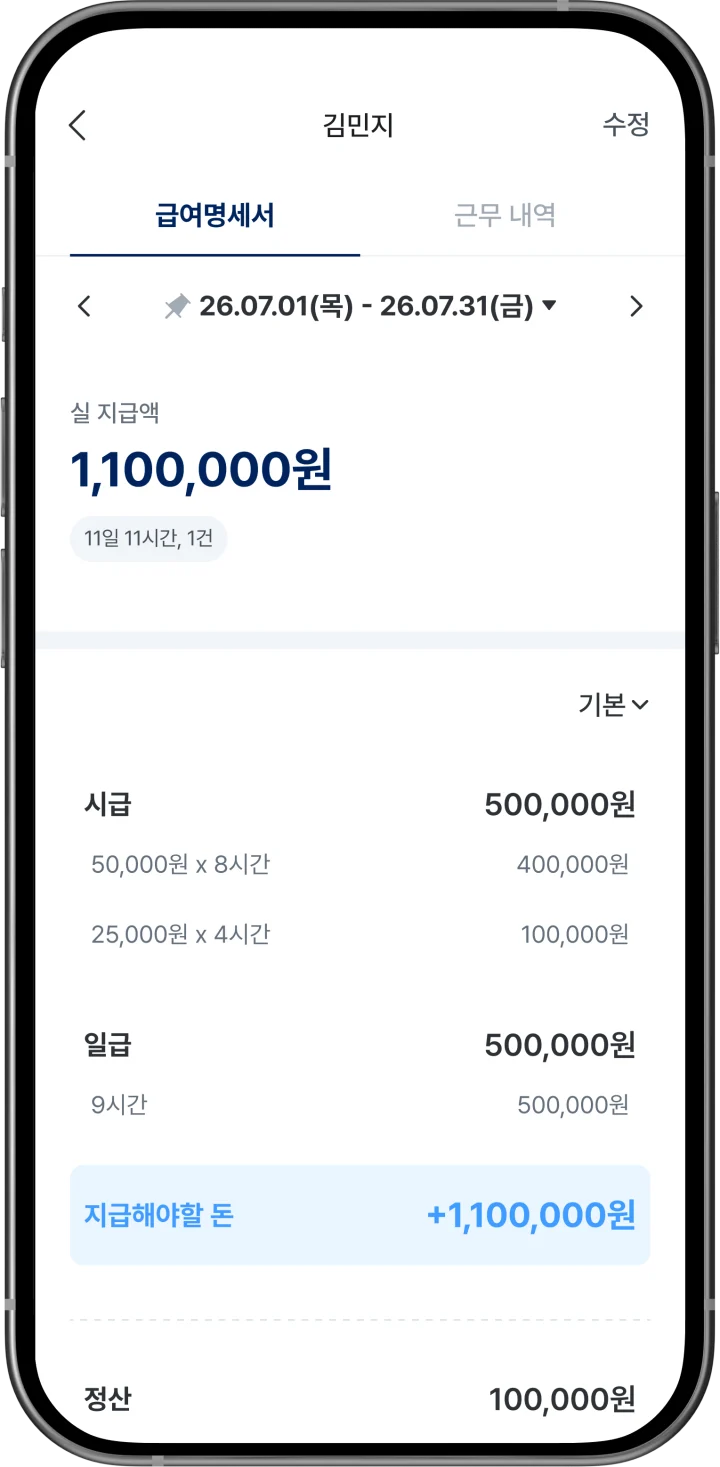 기그 사장님 앱에서 직원의 월 급여를 확인하는 화면